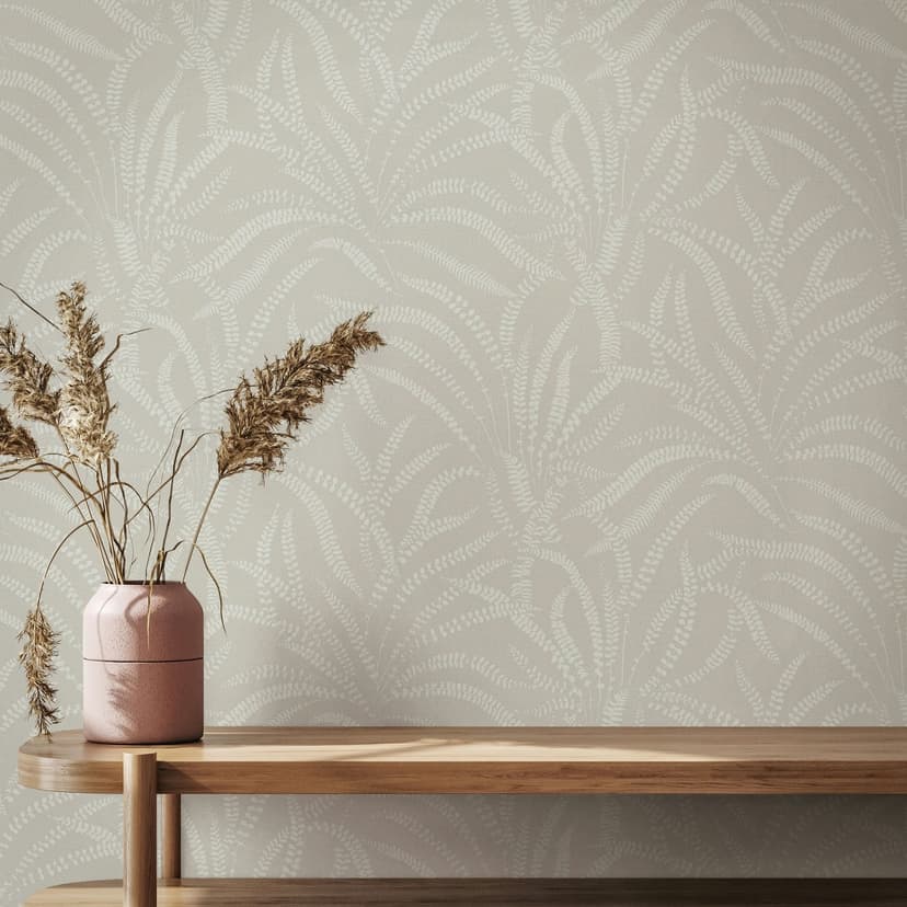 Carta da parati in tessuto non tessuto foglie, viticci, natura floreale in grigio beige