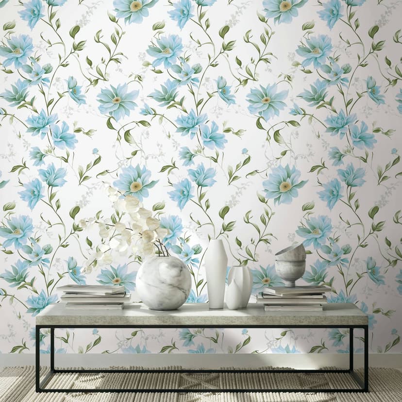 Carta da parati in tessuto non tessuto fiori, foglie, natura floreale opaca in bianco verde blu