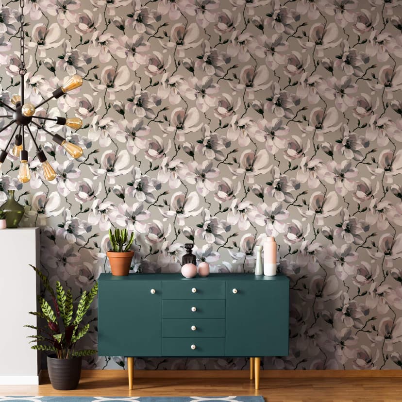 carta da parati, tessuto non tessuto floreale Flora grigio, beige