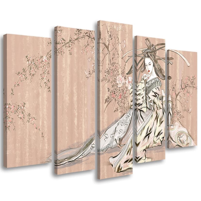 Stampa su tela 5 pezzi, Geisha giapponese tradizionale