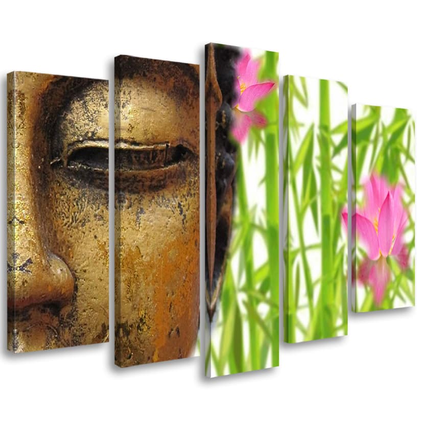 Stampa su tela 5 pezzi, Buddha Bamboo Zen Gold
