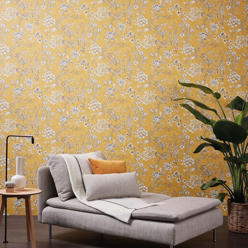 Carta da parati scandinava foglie, piante - Carta da parati in tessuto non tessuto per case di campagna vintage giallo, bianco, grigio