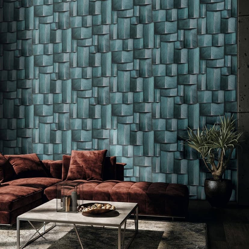 Carta da parati in tessuto non tessuto con motivo in legno geometrico blu, turchese aspetto 3D