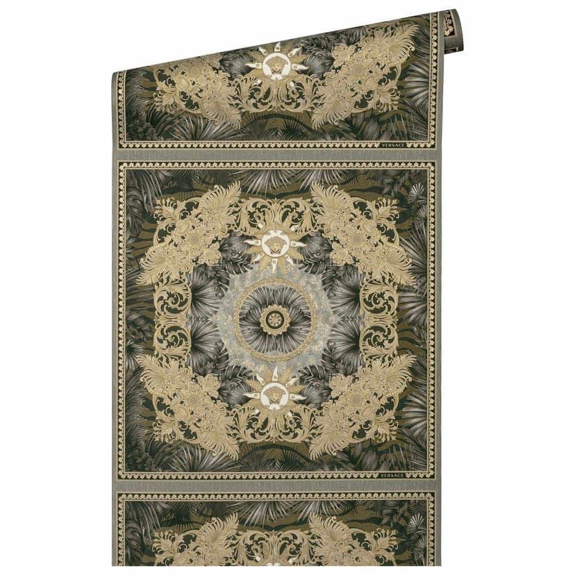 Carta da parati Versace in tessuto non tessuto marrone e oro con design giungla carta da parati teste di medusa