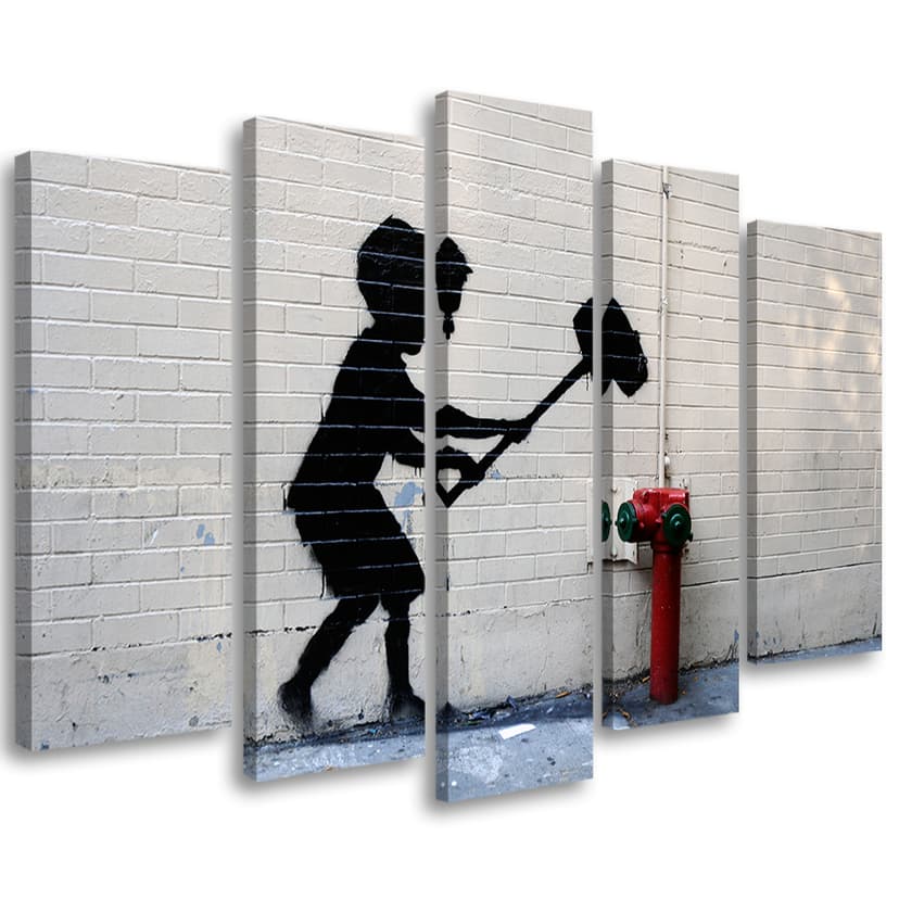 Stampa su tela 5 pezzi, Banksy Hammer Boy Street