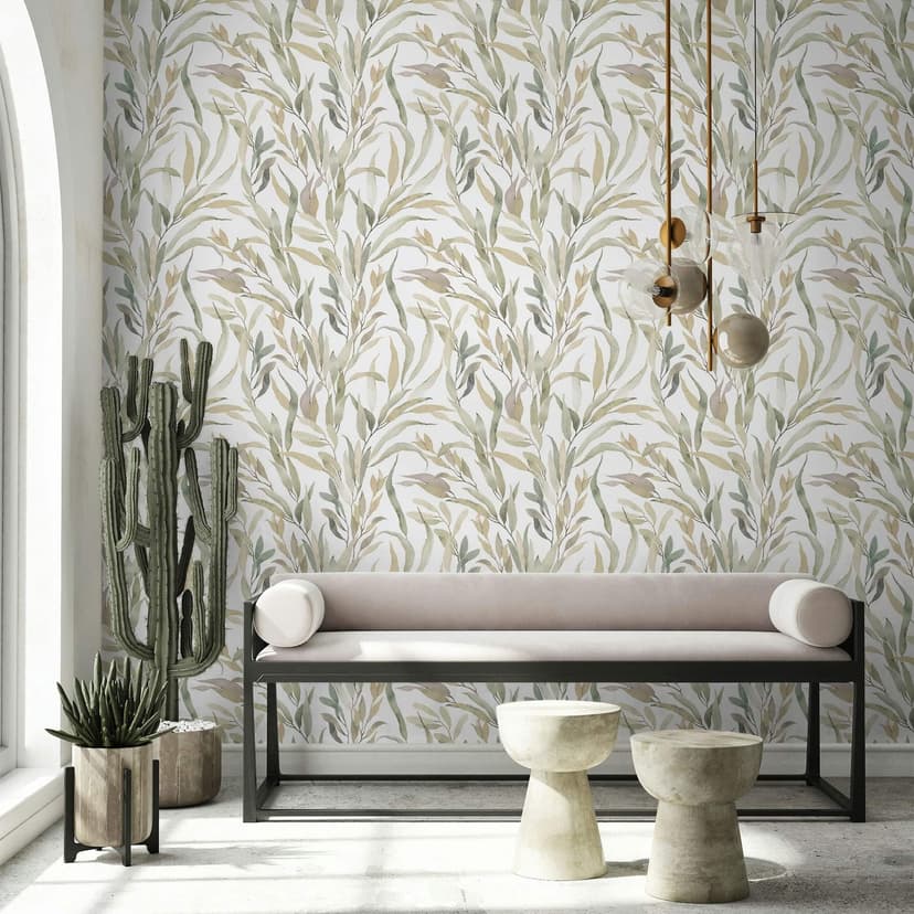 Carta da parati in tessuto non tessuto foglie floreali natura opaca in bianco grigio beige