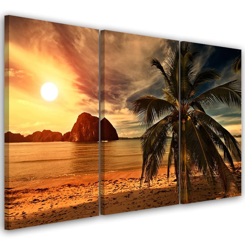 Stampa su tela 3 pezzi, palme al tramonto sul mare