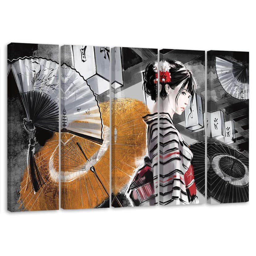 Stampa su tela 5 pezzi, geisha con ventaglio