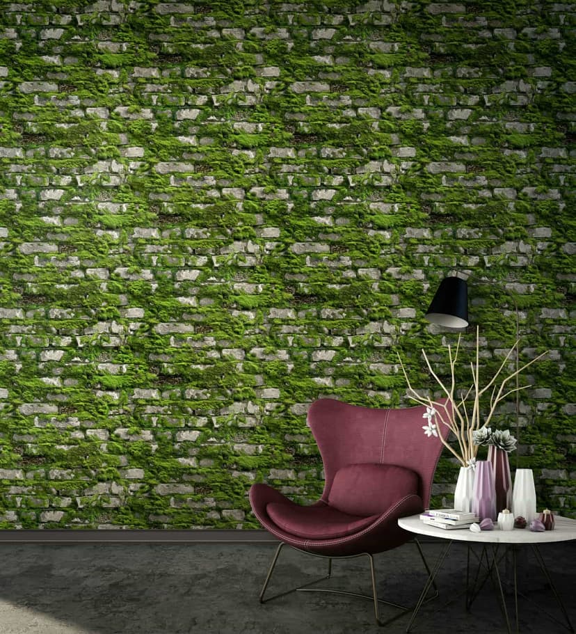 Carta da parati in tessuto non tessuto in stile pietra realistica con effetto pietra verde muschio e grigio