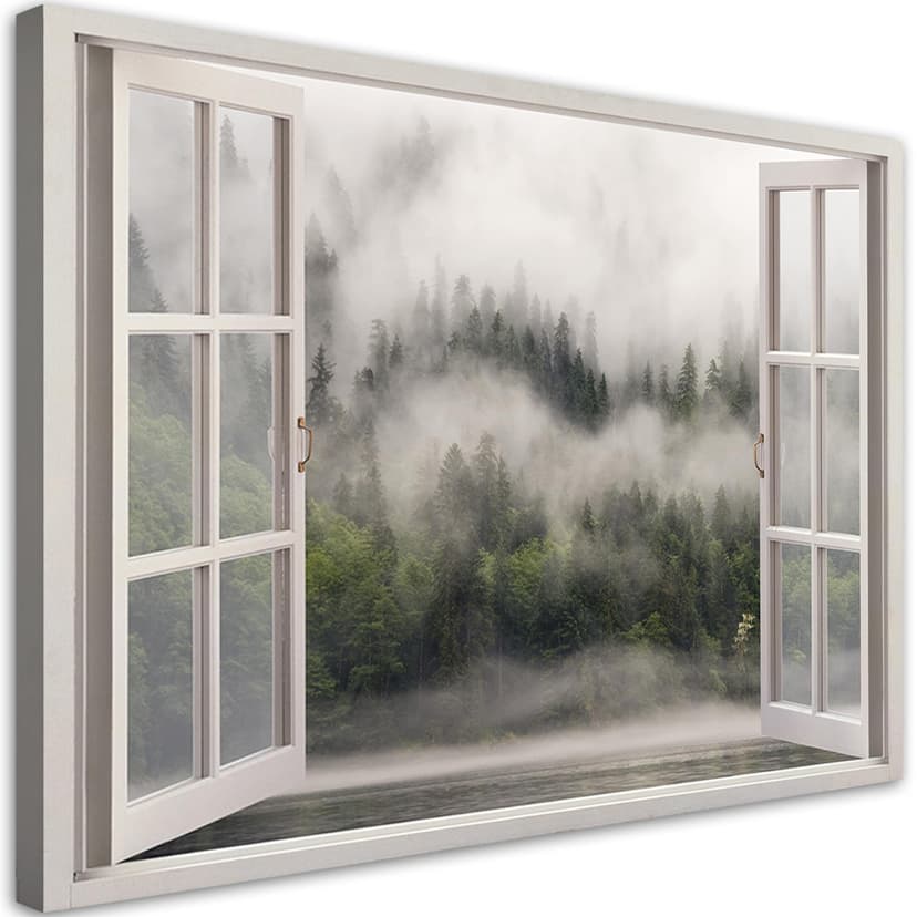 Stampe su tela, Finestra vista foresta nella nebbia lago