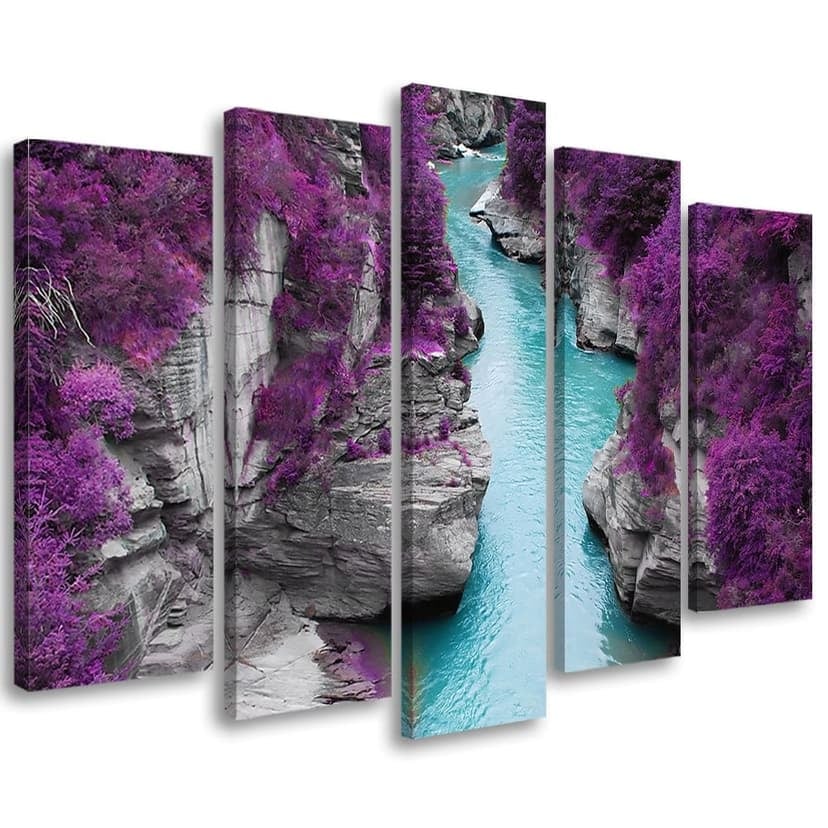 Stampa su tela 5 pezzi, flusso di paesaggio viola