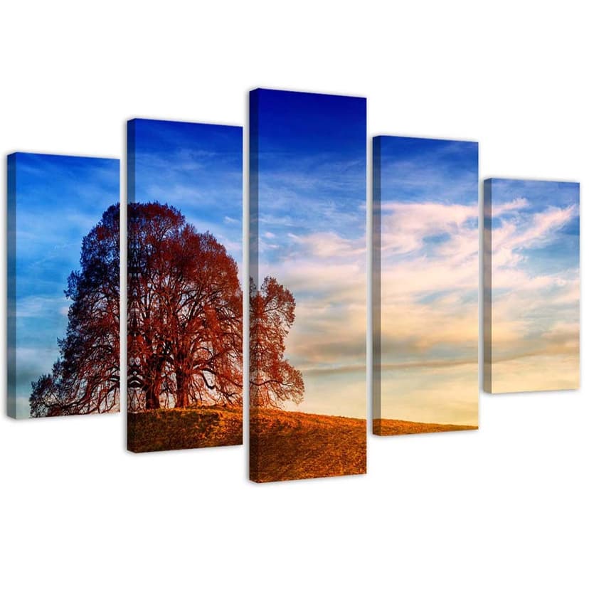 Stampa su tela 5 pezzi, paesaggio albero montagne