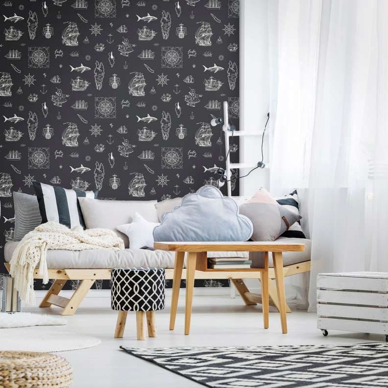Carta da parati per bambini, tessuto non tessuto con illustrazione Kids Walls nero, bianco