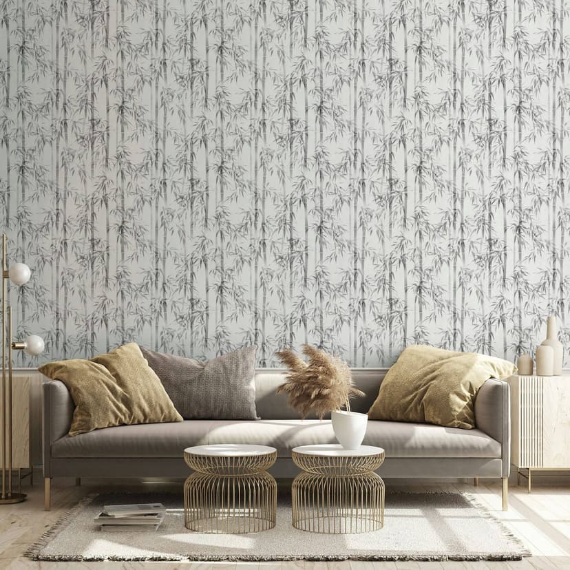 Carta da parati in tessuto non tessuto in bianco, grigio foglie di bambù natura floreale