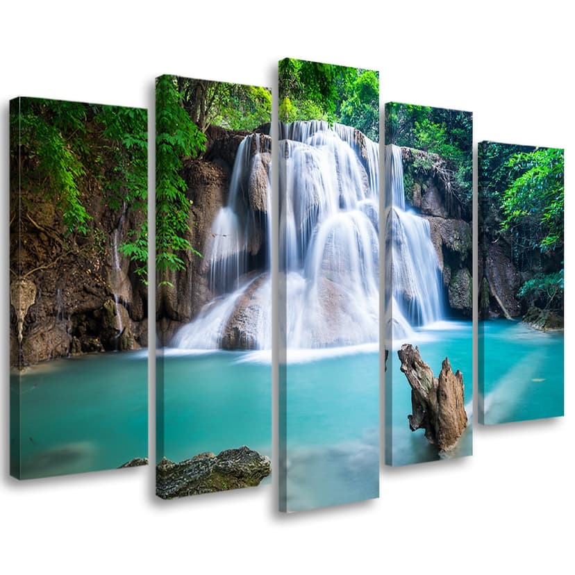 Stampa su tela 5 pezzi, cascata montagna foresta natura