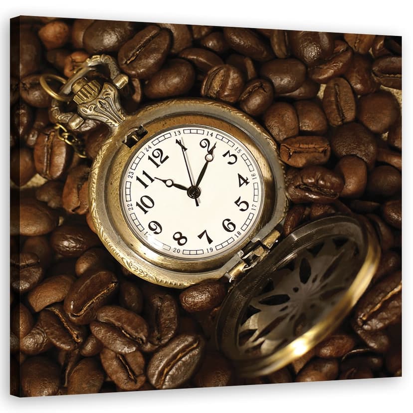 Stampe su tela, chicchi di caffè e orologio