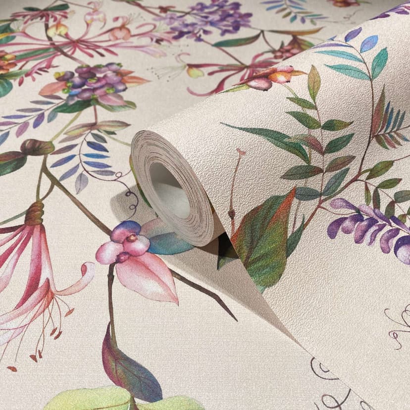 Carta da parati, tessuto non tessuto floreale Flora beige, rosa