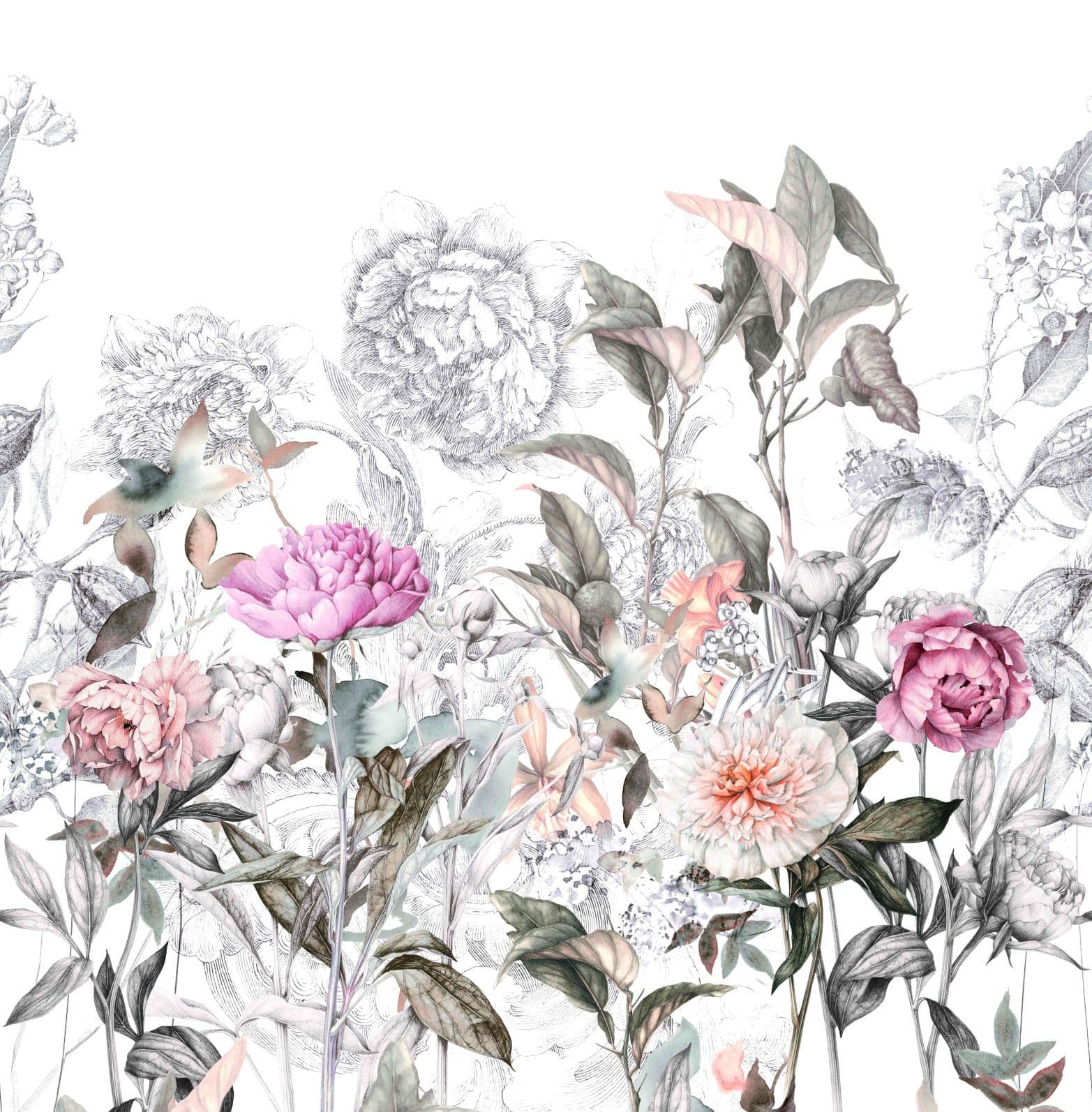 Fotomurale con disegno di fiori d'epoca in grigio rosé 2,7 x 2,65 m