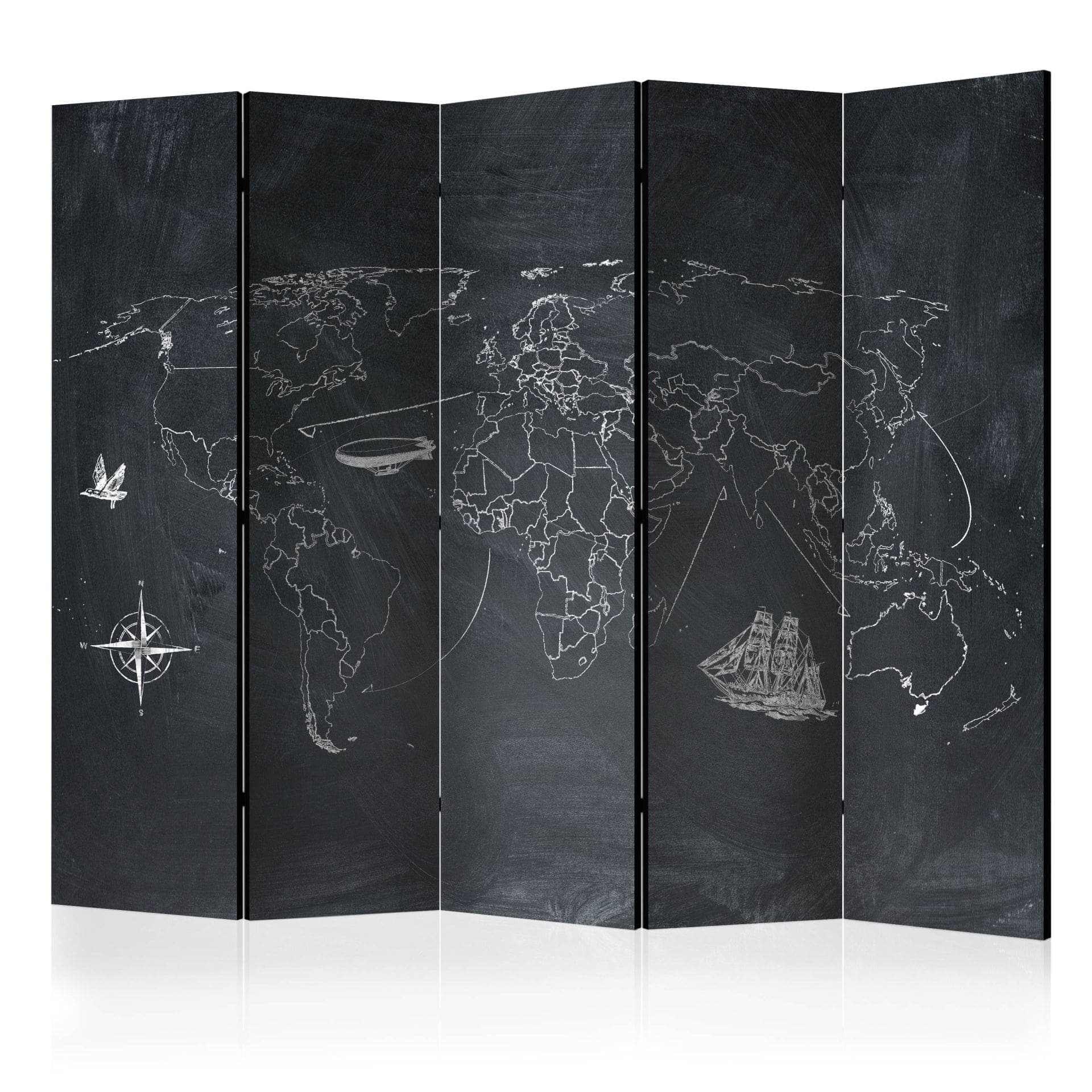 Schermo divisorio - Mappa del mondo - Piccoli e grandi viaggi , 5 pezzi - 225x172 cm