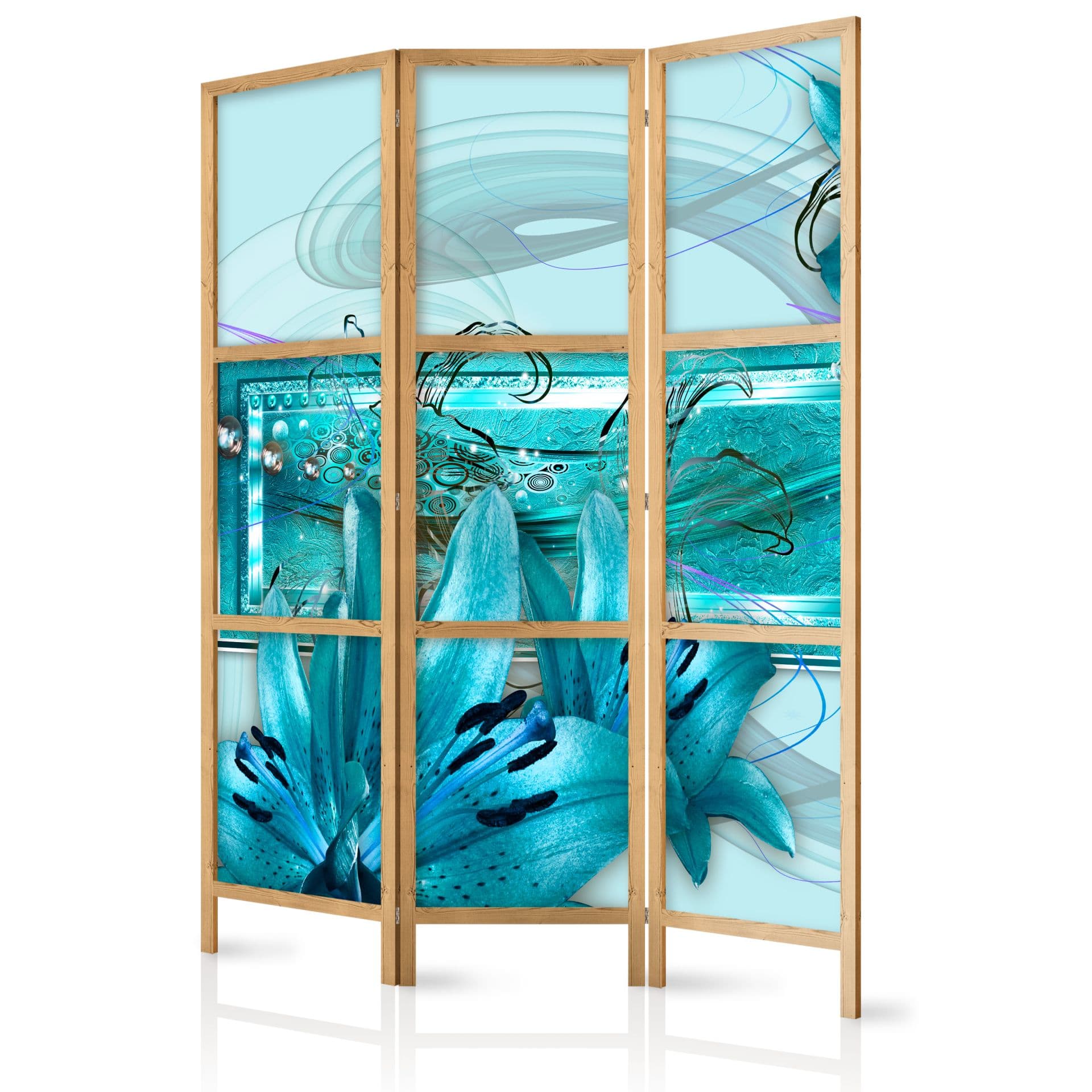 Parete divisoria giapponese - Gigli in blu chiaro, 3 pezzi