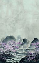 Fotomurale con motivo acquerello montagne con fiori di ciliegio in grigio rosa 3,4 x 2,12 m
