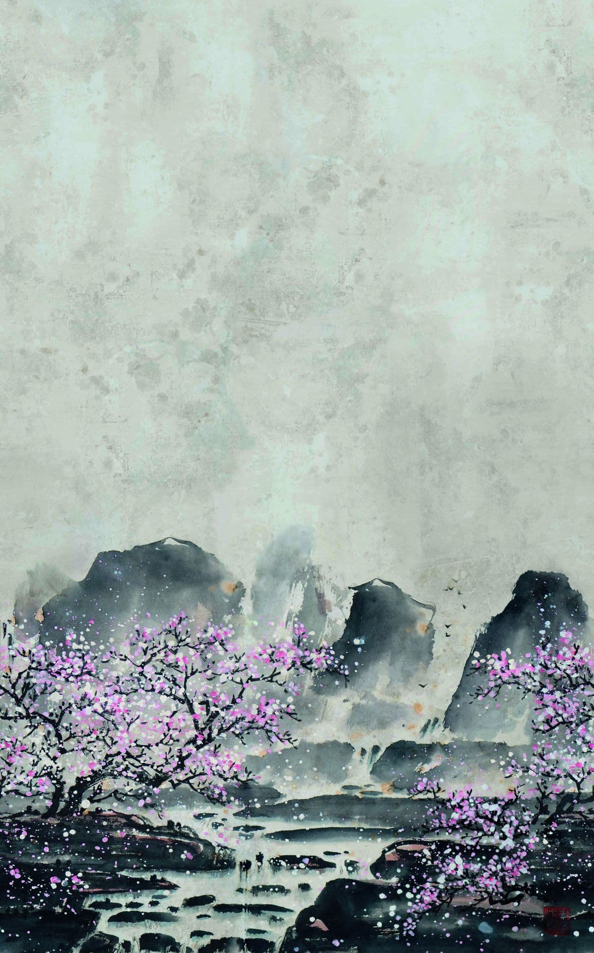 Fotomurale con motivo acquerello montagne con fiori di ciliegio in grigio rosa 3,4 x 2,12 m