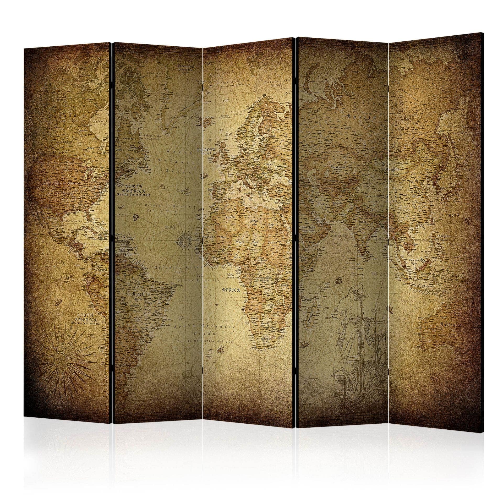 Schermo divisorio - Mappa del mondo - Vecchia mappa , 5 pezzi - 225x172 cm