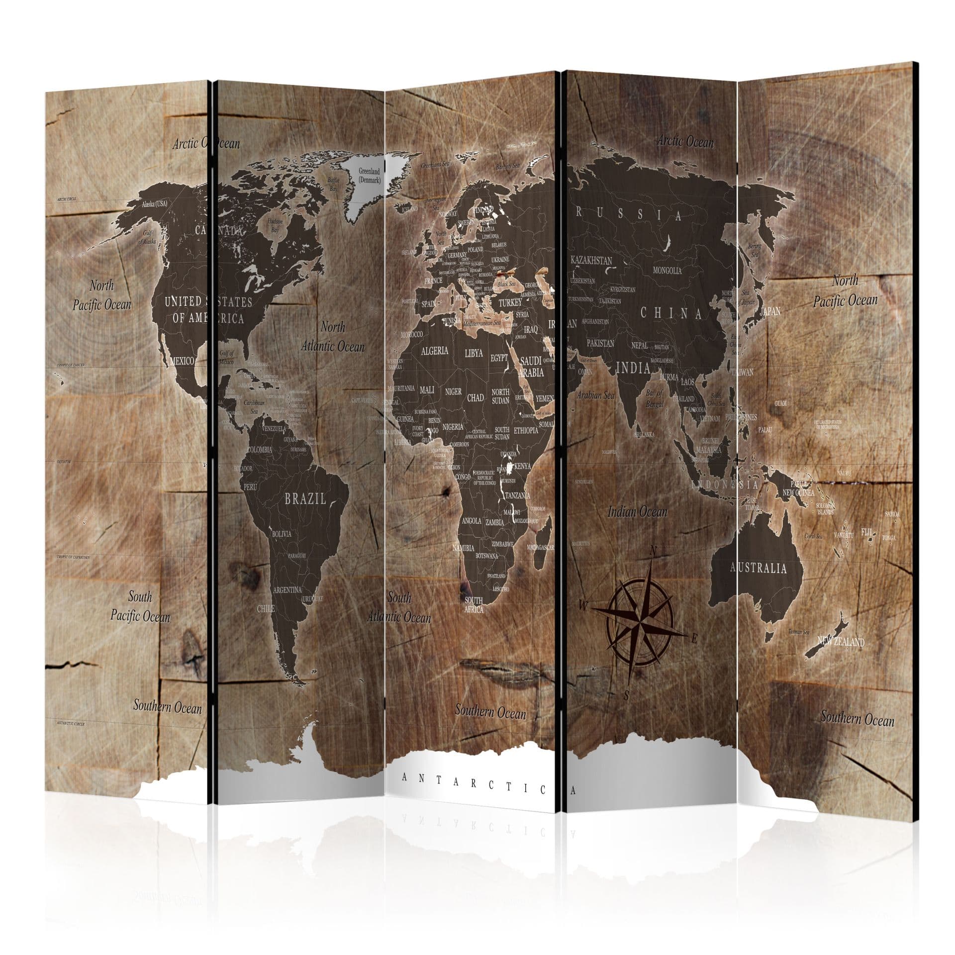 Parete divisoria - Mappamondo - Visione del globo in legno, 5 pezzi - 225x172 cm