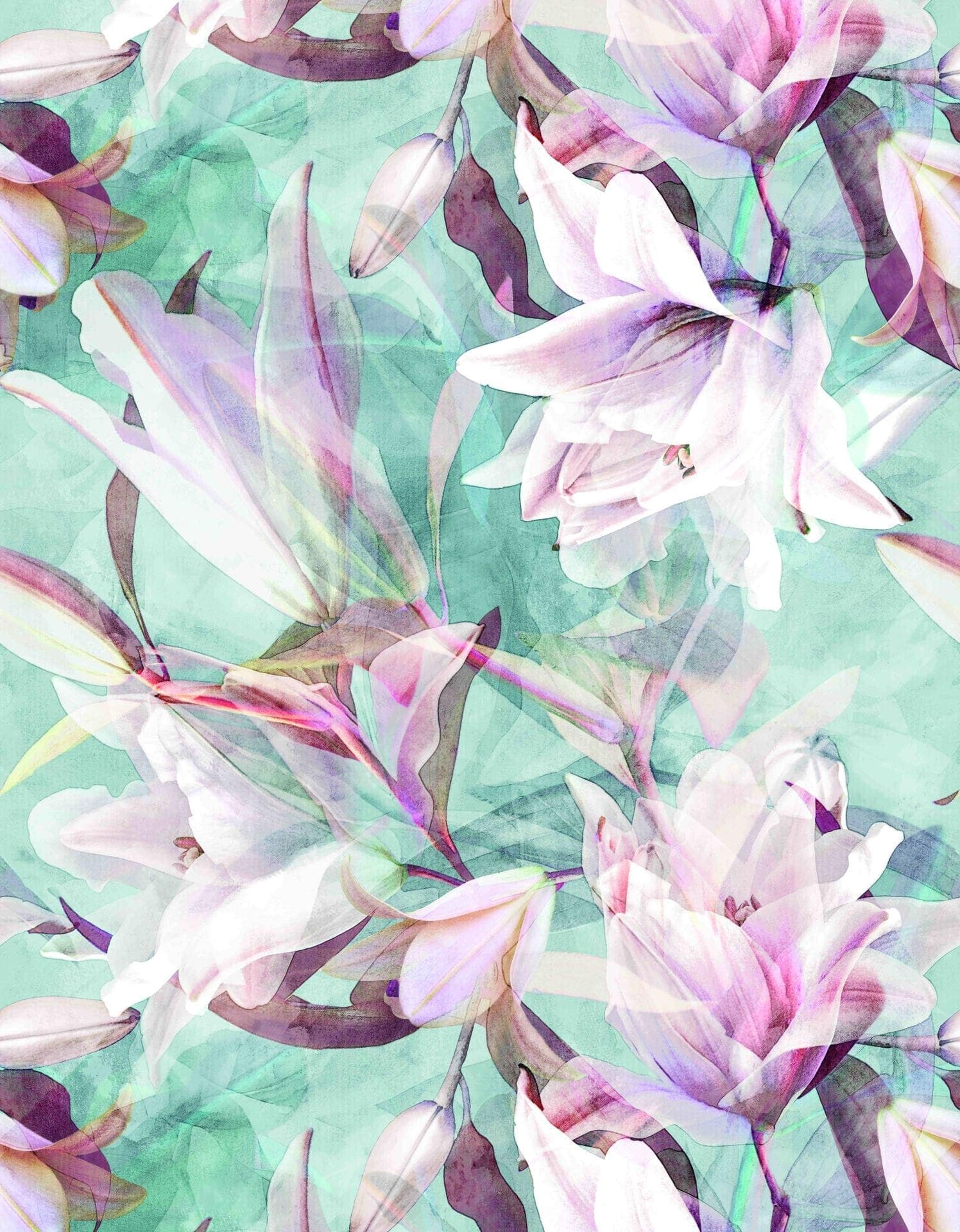 Fotomurale Delicati fiori ad acquerello in pastello su sfondo blu chiaro con messa a fuoco morbida 3,4 x 2,65 m