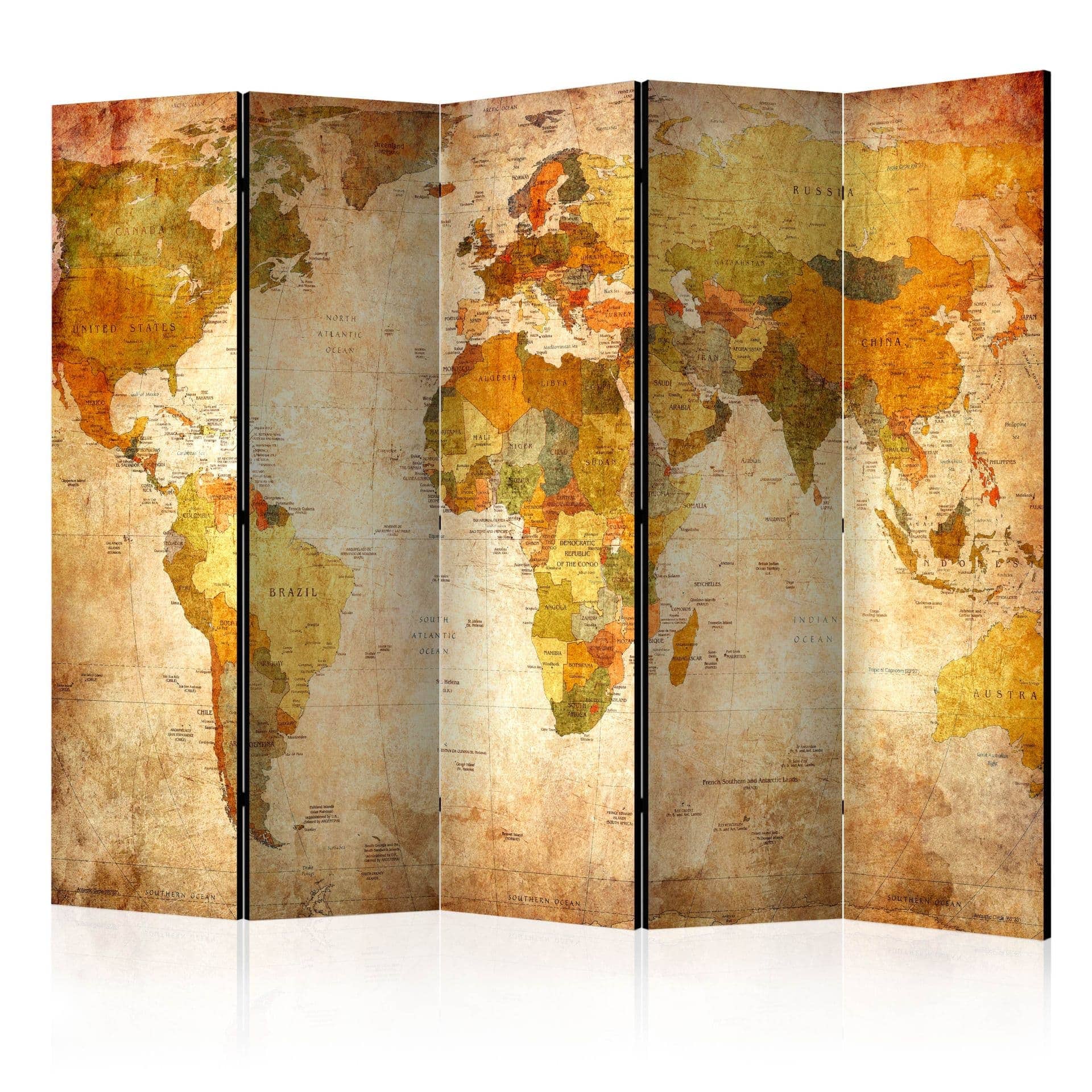 Schermo divisorio - Mappamondo - il mondo in tutto il suo splendore , 5 pezzi - 225x172 cm