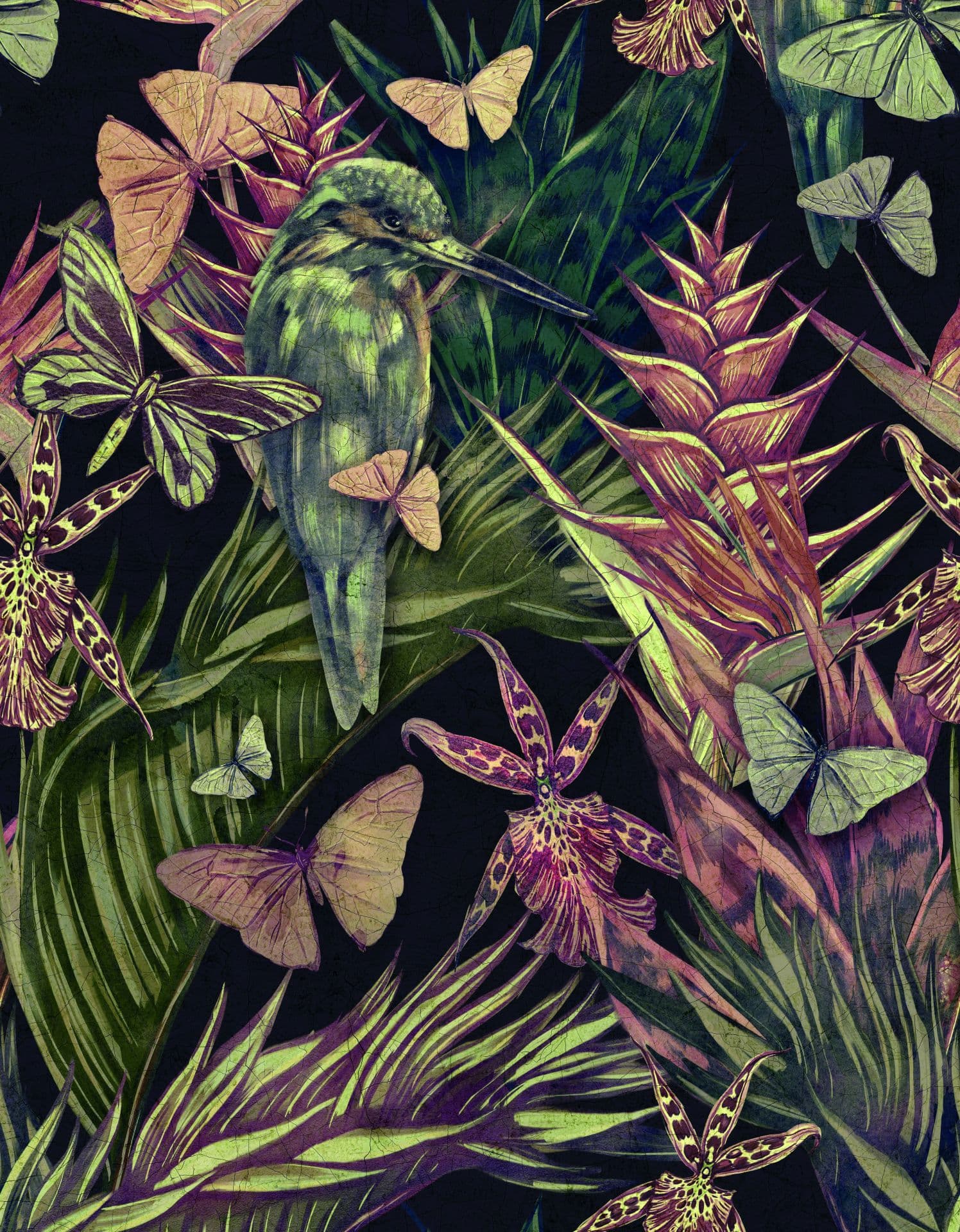 Fotomurale con motivo a airone nella giungla tropicale con farfalle e orchidea 3,4 x 2,65 m