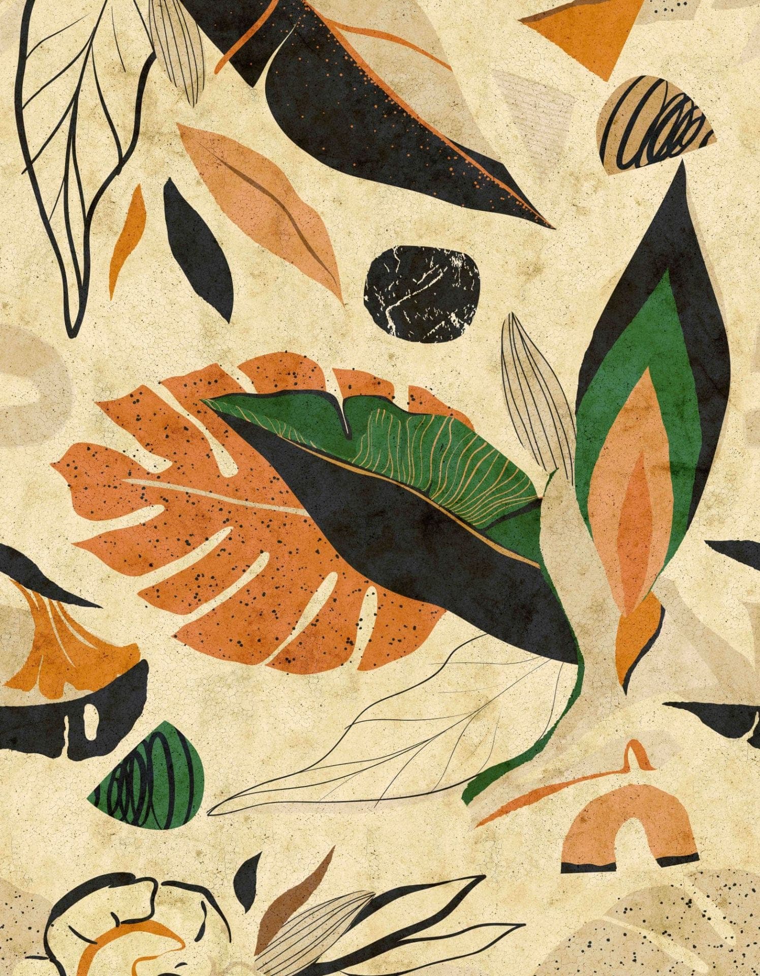 Fotomurale con collage di foglie astratte in beige, ocra e nero 3,4 x 2,65 m