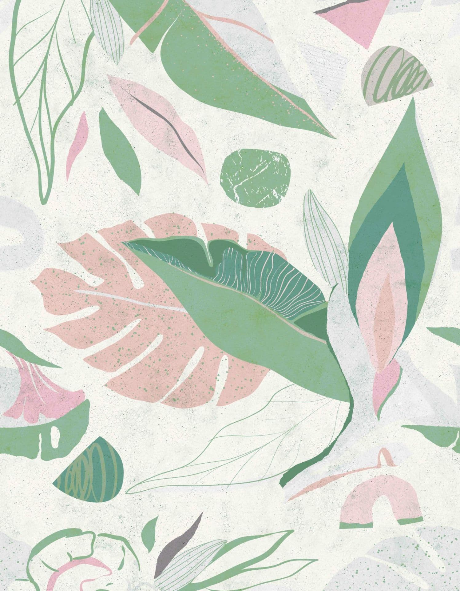 Fotomurale con motivo di foglie astratte in colori pastello; verde salvia e beige 3,4 x 2,65 m