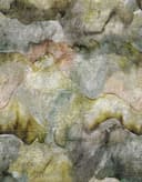 Fotomurale con paesaggio montano acquerellato in verde muschio e grigio blu con patina 3,4 x 2,65 m