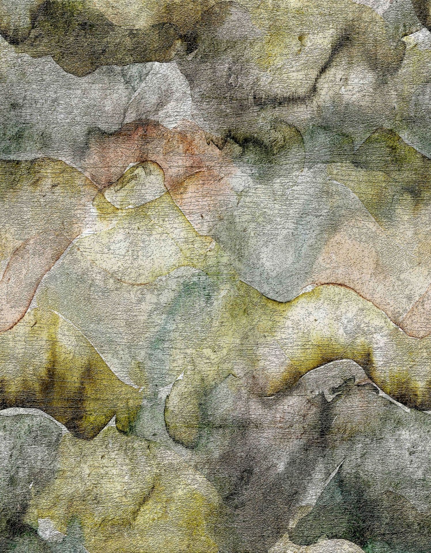 Fotomurale con paesaggio montano acquerellato in verde muschio e grigio blu con patina 3,4 x 2,65 m