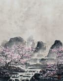 Fotomurale Fiori di ciliegio nella nebbia con montagne nei toni del grigio e del rosa tenue 2,7 x 2,12 m