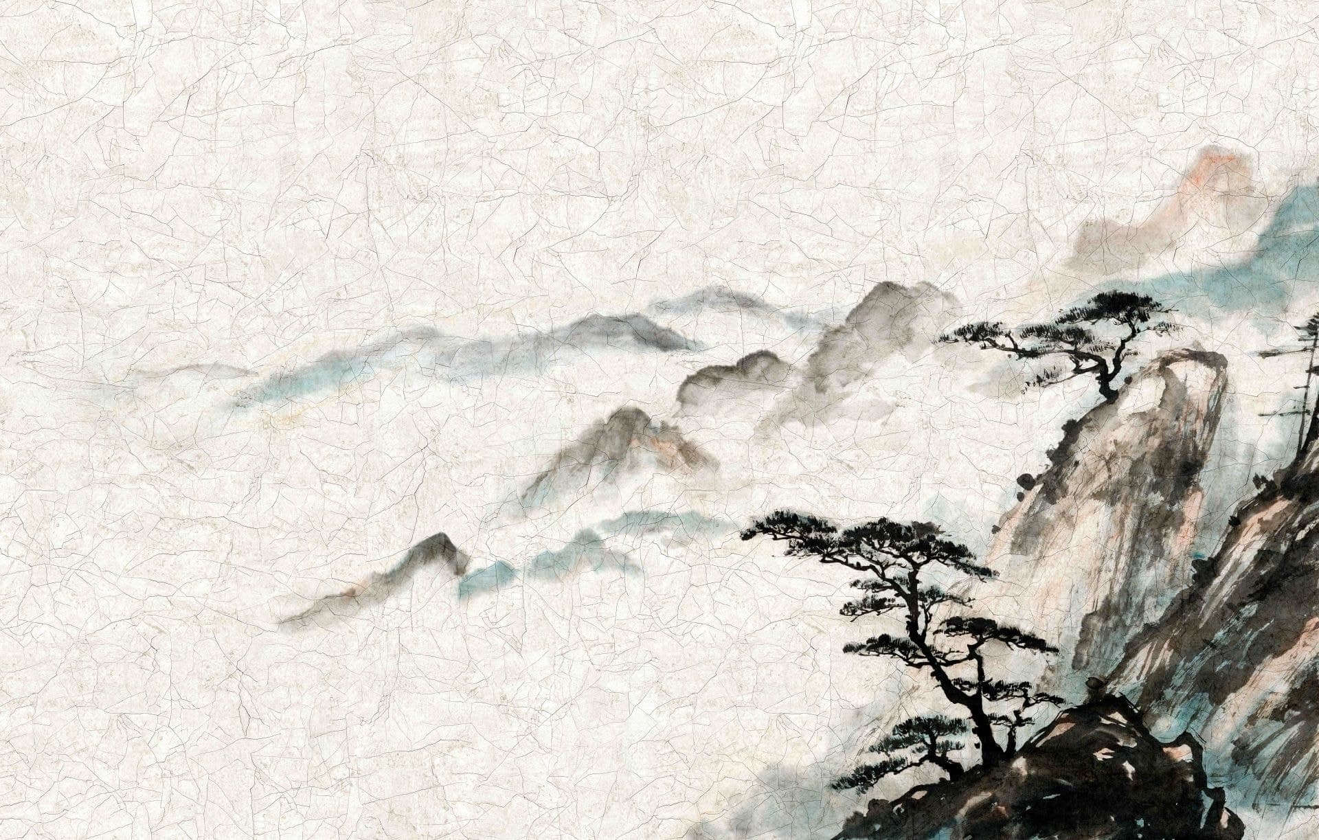 Fotomurale Paesaggio montano nebbioso con raggio di luce e pino in inchiostro 2,7 x 4,24 m