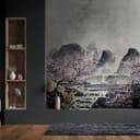 Fotomurale con motivo acquerello montagne con fiori di ciliegio in grigio rosa 3,4 x 2,12 m