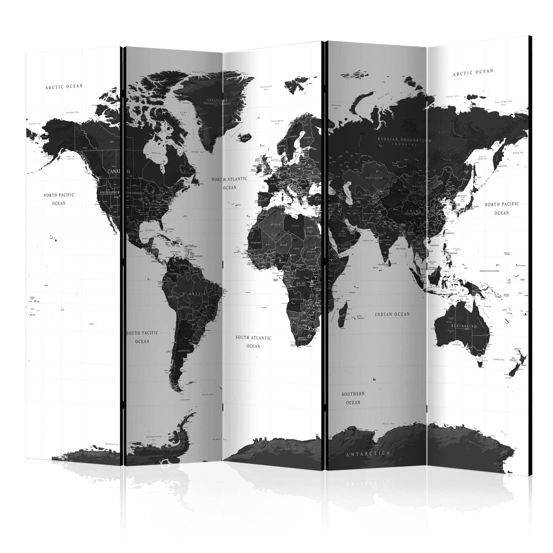 Schermo divisorio - Mappamondo in bianco e nero , 5 pezzi - 225x172 cm