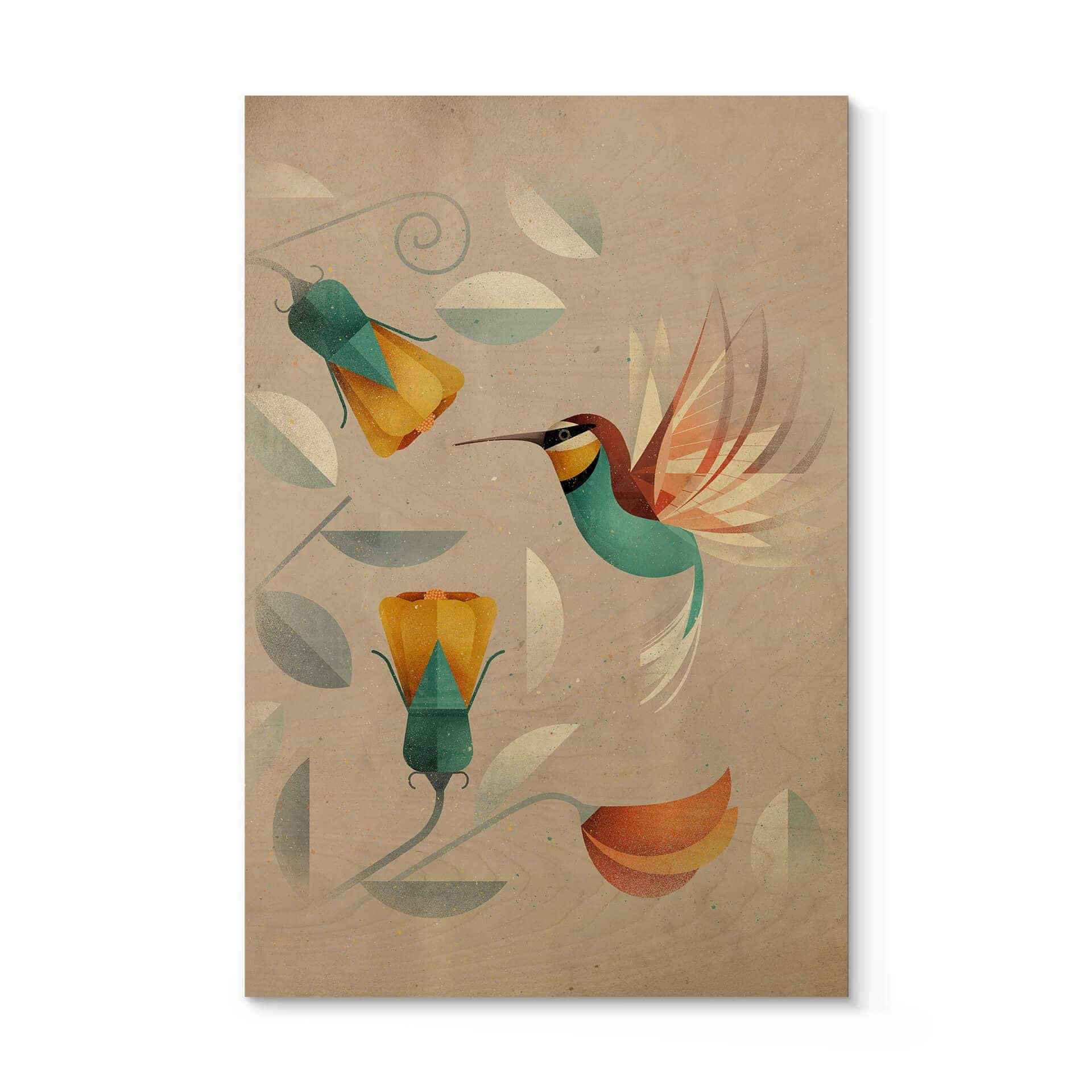 Stampa su legno con motivo di uccelli - Colibrì - Marrone