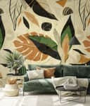 Fotomurale con collage di foglie astratte in beige, ocra e nero 3,4 x 2,65 m