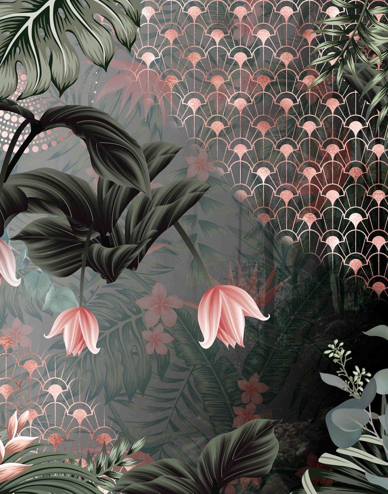 Fotomurale con motivo gru con ventaglio art déco e fiori 2,7 x 2,12 m