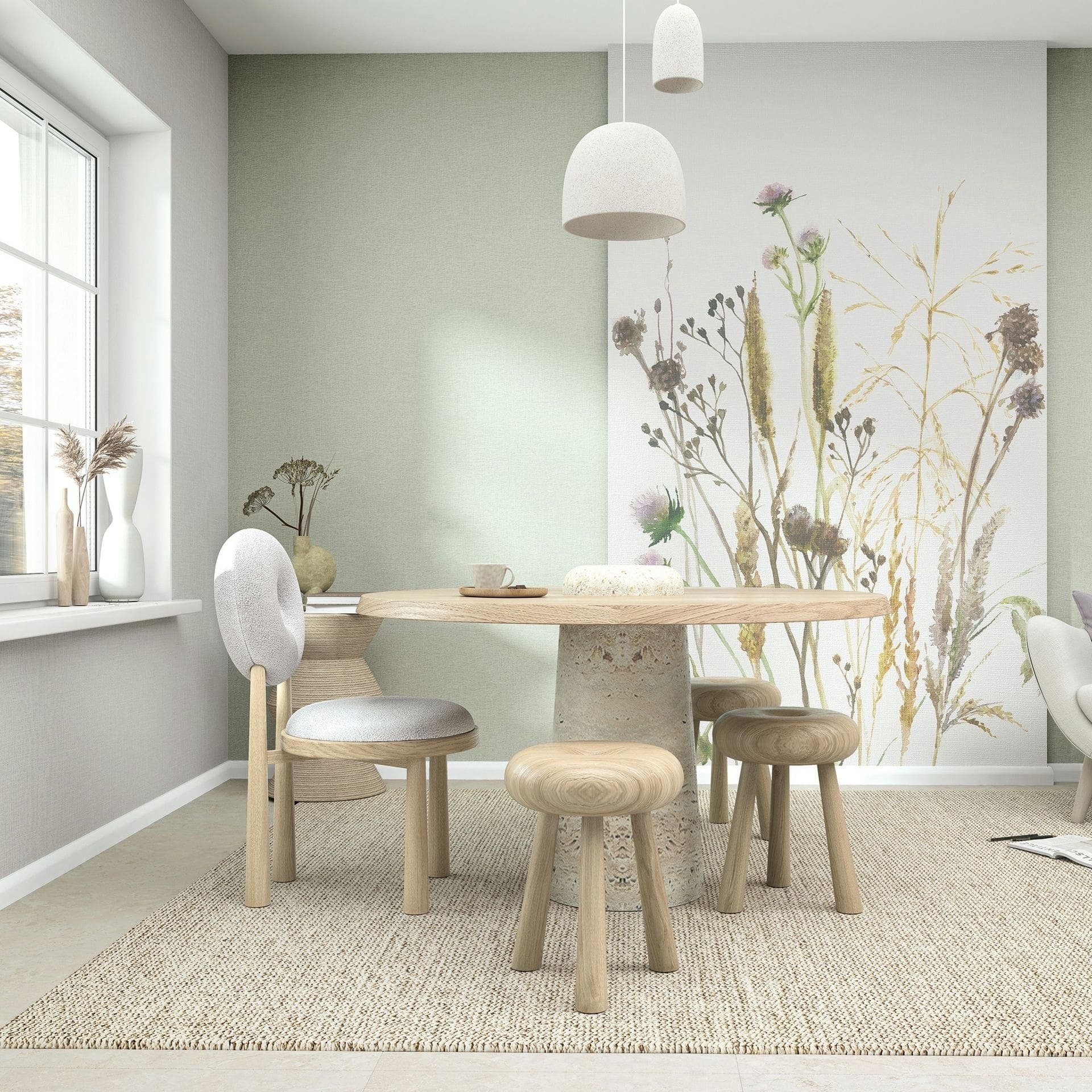 Fotomurale fiori, foglie natura floreale opaco in bianco, beige 2,70 x 1,59m