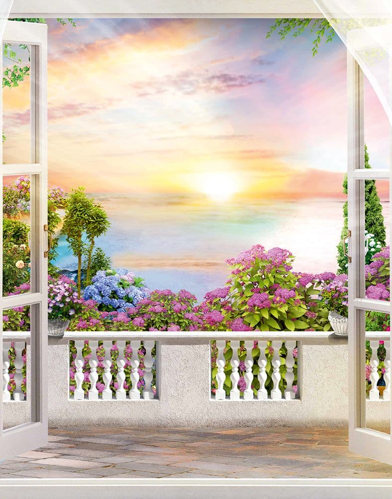 Fotomurale tramonto, balcone, natura grafica opaca in grigio 2,70 x 2,12 m