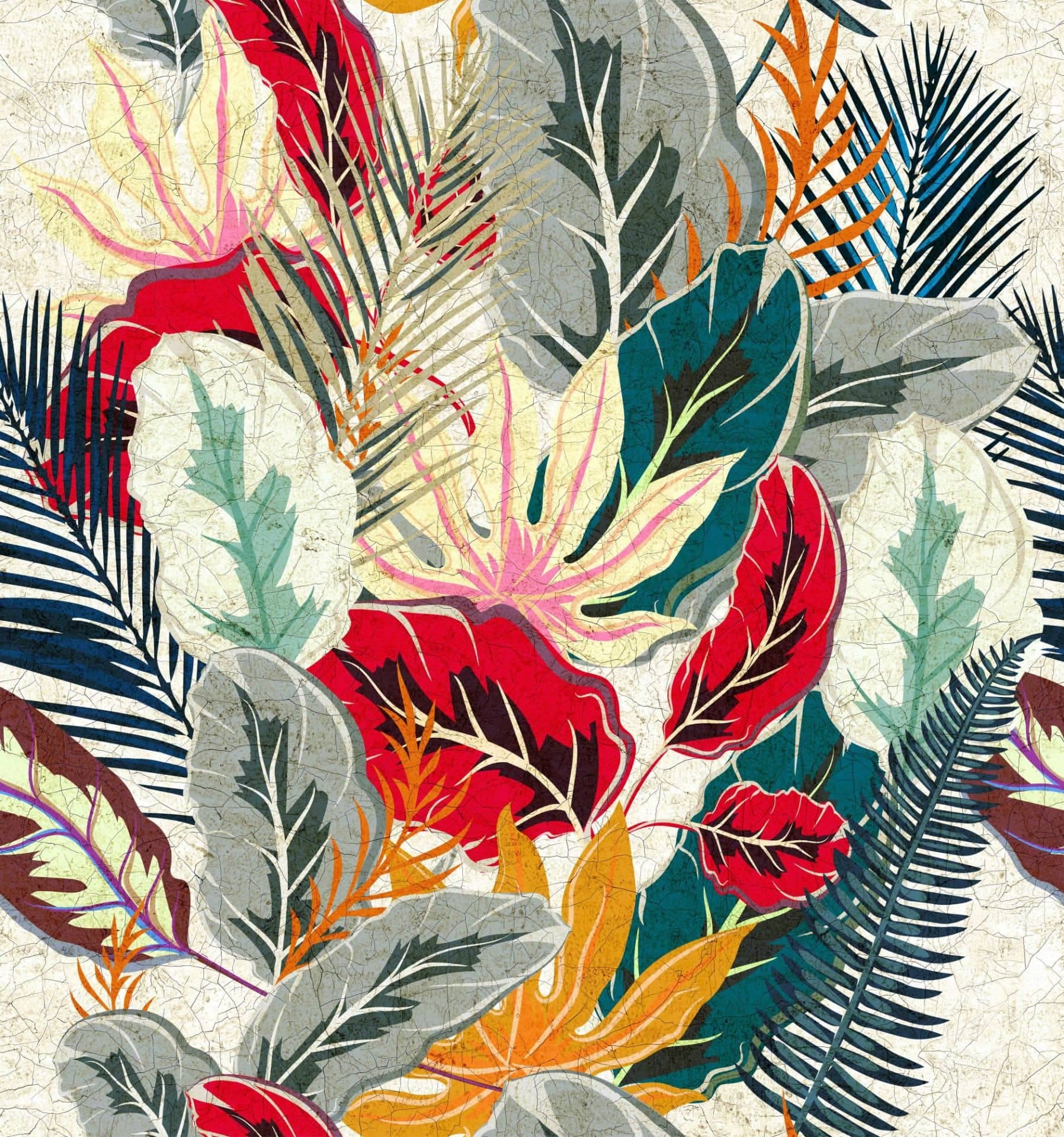 Fotomurale con motivo di foglie tropicali in rosso, petrolio e beige 3,4 x 3,18 m