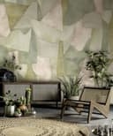 Fotomurale con motivo Forme astratte in verde salvia e beige con lino 2,7 x 4,24 m