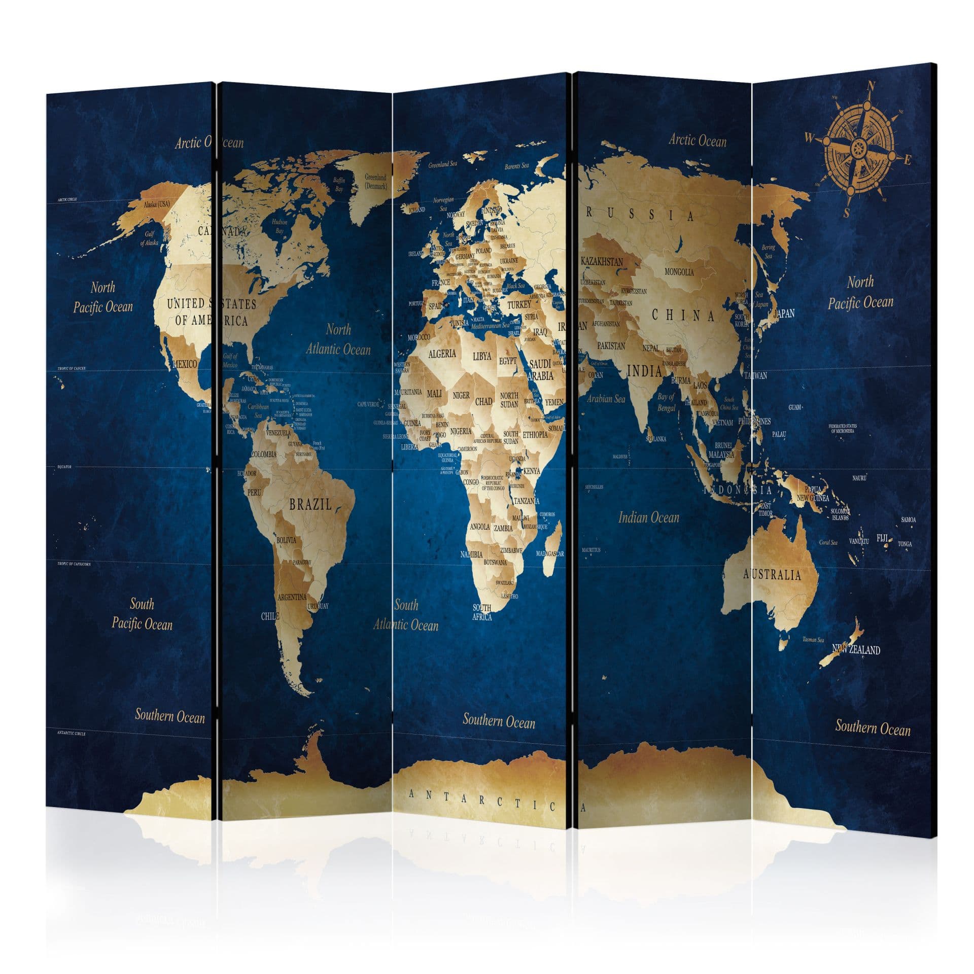 Divisorio per sala - Mappamondo - Blu profondo, 5 pezzi - 225x172 cm