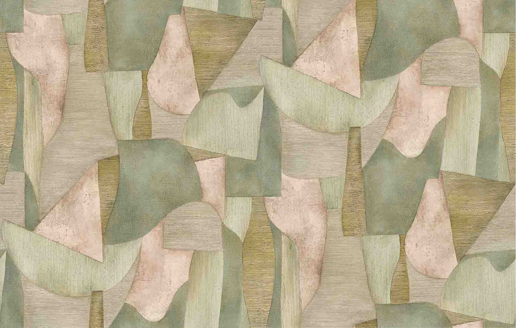 Fotomurale con motivo Forme astratte in verde salvia e beige con lino 2,7 x 4,24 m