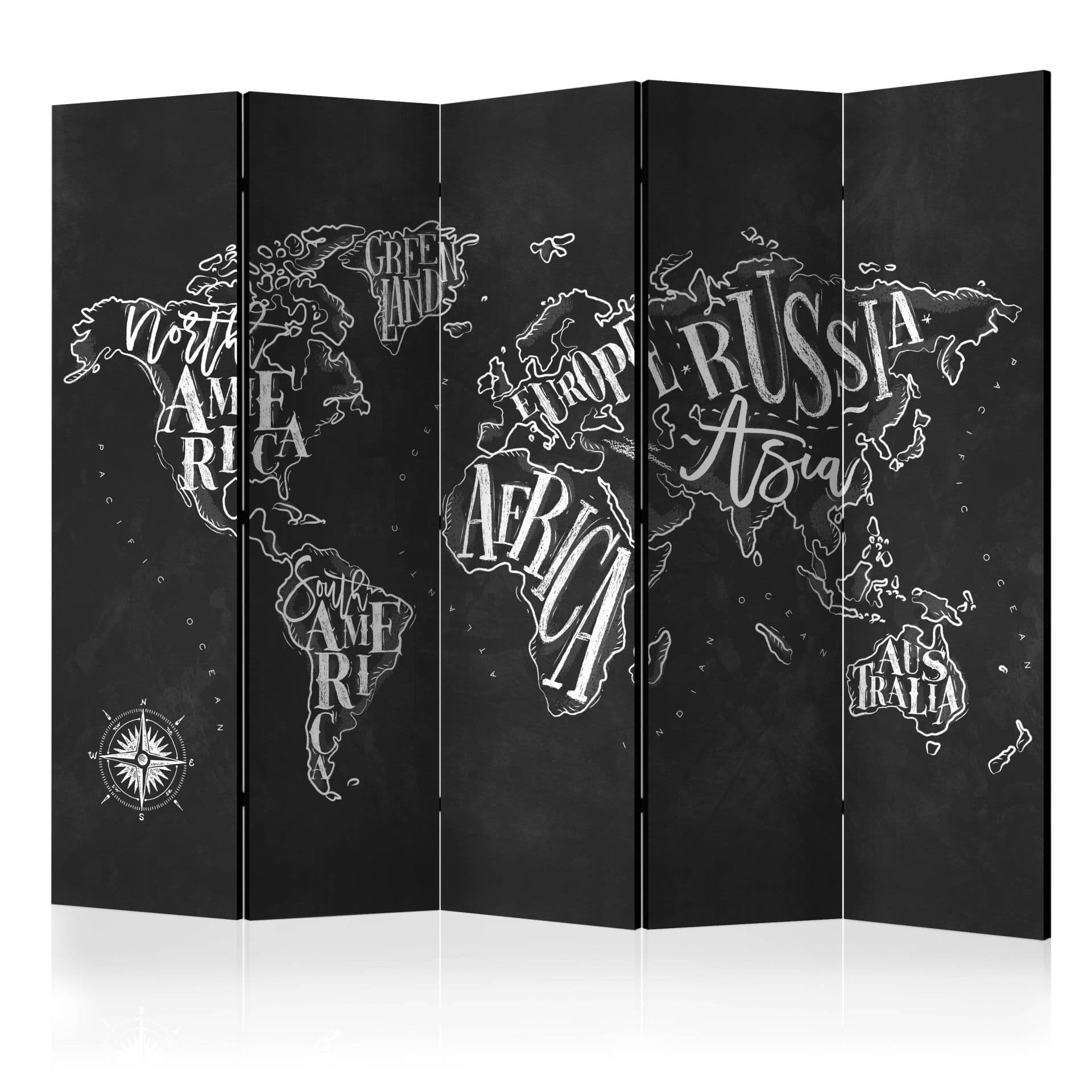 Schermo divisorio - Retro Continents (Nero) , 5 pezzi - 225x172 cm
