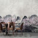 Fotomurale Fiori di ciliegio nella nebbia con montagne nei toni del grigio e del rosa tenue 2,7 x 2,12 m